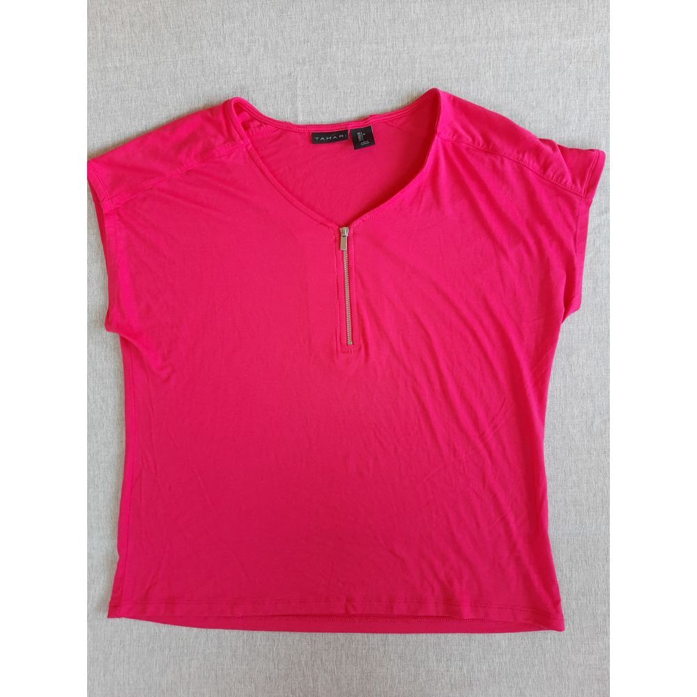TAHARI Women's‎ New with Tag Large Elastic Spandex Modal Front Zip Pink Blouse